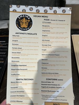 Vegan Menu Dec 13, 2025  at Pizzeria Enzina in Waltham