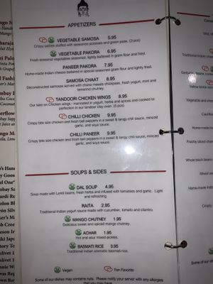 Menu with clearly labeled vegan options at Bombay Darbar in Miami