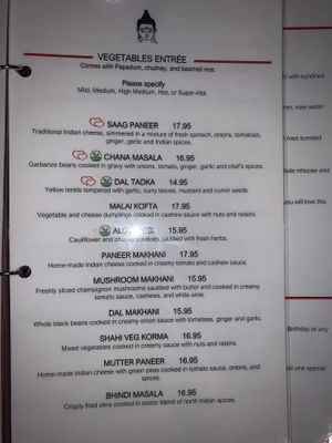 Menu with clearly labeled vegan options at Bombay Darbar in Miami