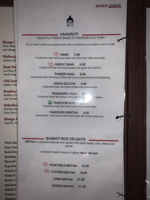 Menu with clearly labeled vegan options at Bombay Darbar in Miami