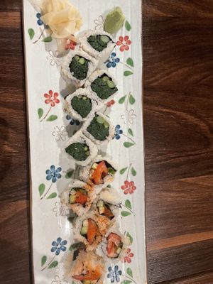 Spinach and asparagus roll and spicy ‘tuna’ (tomato) roll  at Kiku Sushi & Vegetarian in Lafayette