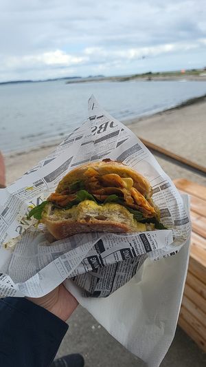 Das vegane "Lachsbrötchen" kann ich weiterempfehlen.
Der "Lachs" besteht aus eingelegten Karotten. 
Auf der Karte gibt es noch einen veganen Burger. at Strandkiosk 31 in Laboe