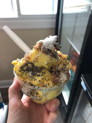 Pineapple Fruit Whip with Chia Seed, home made Granola, and Coconut Flakes as the toppings at Lighthouse Juice Bar in Harvey Cedars