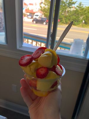 Mango Fruit Whip with fresh Strawberries on top at Lighthouse Juice Bar in Harvey Cedars