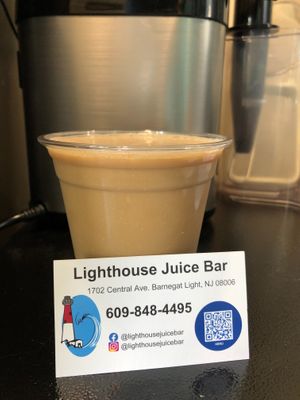 Coffee with cold pressed almond milk! at Lighthouse Juice Bar in Harvey Cedars