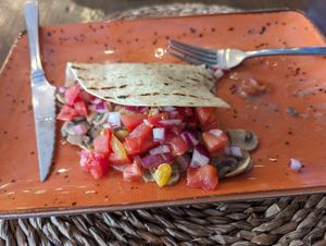 Half eaten mushroom quesadilla (without cheese) at Tactic Beach in Castelldefels