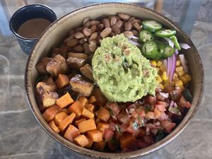 Burrito bowl with sweet potato and teriyaki tofu sub for chicken  at Shakti Bowl in Todos Santos