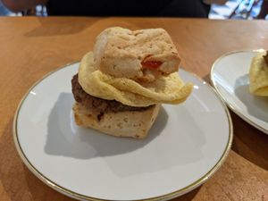 Breakfast biscuit (just egg, beyond sausage, scone) at Propaganda Coffee in Lakewood