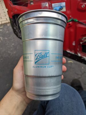 Aluminum cup at Propaganda Coffee in Lakewood