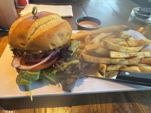 Vegan black bean burger with fries  at Blazing Onion Burger Company in Mill Creek