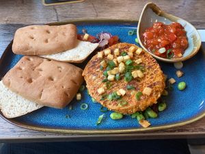 Kimchi burger with gluten-free bread  at Paviljoen Het ProefLab in Marknesse