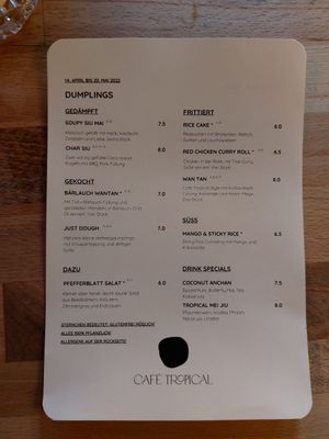 Dumpling menu at Café Tropical in Mannheim