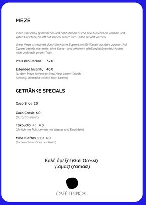 Current menu until July 01, 2022 at Café Tropical in Mannheim