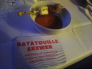 Skewer and tomato cream at Café Tropical in Mannheim