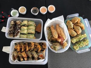 Top left: shimmy shimmy, 808 and tempura, inari nigiri. Bottom left: crunchy vader, crunchy luke. Middle: yasai tempura. Right: gyoza, hulk tofu at Niiko Sushi x Vegan in Leipzig