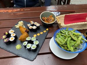 Had the big platter of maki consisting of cucumber maki, sweet potato maki, vegan salmon maki and black rice cucumber maki. Gyozas and edamame were so tasty too.   at Niiko Sushi x Vegan in Leipzig