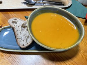 Pumpkin and coconut milk soup - The Old Sawmill Tearoom, Mirehouse  at The Old Sawmill Tearoom in Keswick