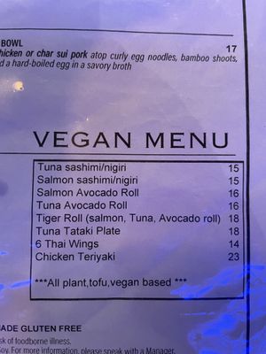 Vegan sushi menu at Wok n Fire in South Barrington