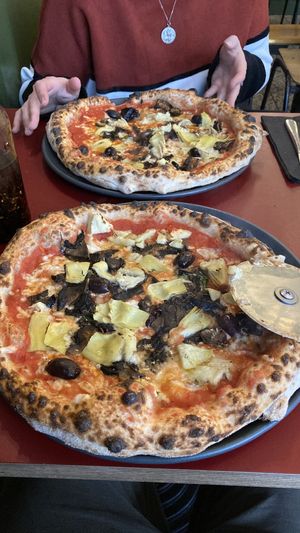 Vegatale pizza (with vegan cheese).  at Top Joes in Tenby