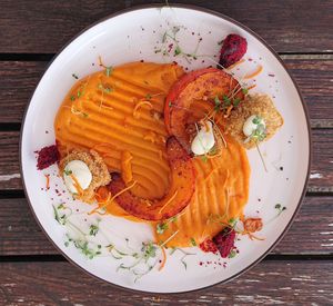 Sweet potato mash with pumpkin and tofu crunch at Place to V in Lenzen Elbe
