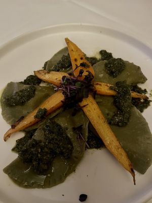 Matcha-stuffed pasta with carrots and pesto  at Place to V in Lenzen Elbe