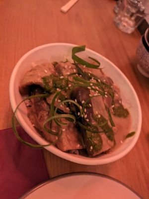 Grilled aubergine with rice at Dr. Zhang Dumpling Bar in Barcelona