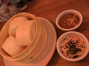 Chinese bread with miso and peanut sauces at Dr. Zhang Dumpling Bar in Barcelona