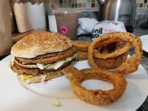 Big crispy onion rings and a plant based Big Mac! Yum! at Odd Burger in Vaughan