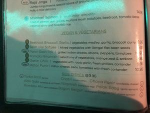 Vegan part of menu at Zyka in Hexham