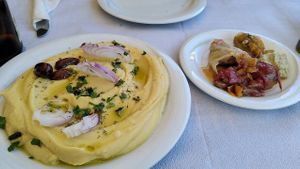 

Fava (Greek Bean Mousse) on the left and recommended specialities by the chief on the right at To Stachi in Crete