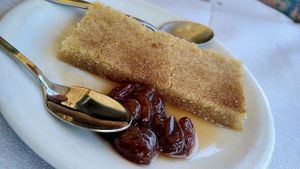 Halva made out of polenta with greek spices and fruits.  at To Stachi in Crete