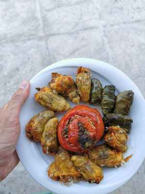 Stuffed veggies, wine leaves and squash flowers. at To Stachi in Crete