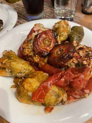 Stuffed peppers, wine leaves and zucchini flowers  at To Stachi in Crete