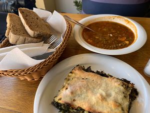 Lentil soup, spinach pie + whole grain bread, all vegan. Split with my husband and both felt satisfied. at To Stachi in Crete
