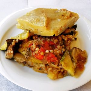 moussaka; sliced potatoes, vegetables and buckwheat at To Stachi in Crete