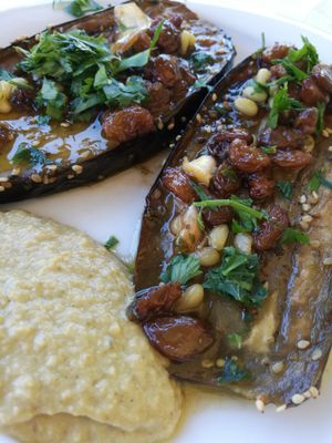 Eggplant with raisins, vinegar & hummus. at To Stachi in Crete
