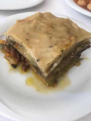 vegan mousaka with almond cream on top! amazing! at To Stachi in Crete