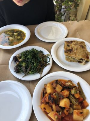 Veggie soup, seasonal greens, Briam, Moussaka  at To Stachi in Crete