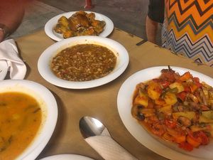 Soup of the day, veggies, rice and lentils, pumpkin flowers with rice  at To Stachi in Crete
