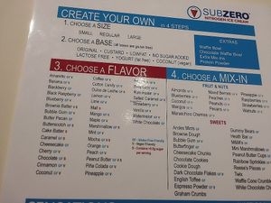 Menu, clearly marked vegan flavors at Sub Zero Nitrogen Ice Cream - E 82nd St in Indianapolis
