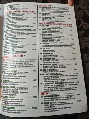 Menu at Taj Mahal in Segovia