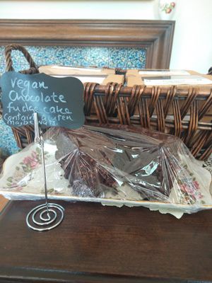 Marked vegan choc fudge cake at Pitmedden Garden Tearoom in Ellon