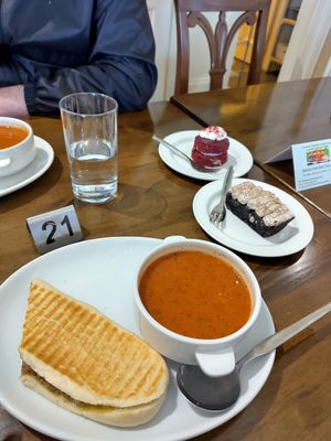 Tomato soup, haggis melt, mocha cake and red velvet at Pitmedden Garden Tearoom in Ellon
