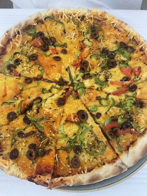 vegan pizza (greek pizza but veganised)   at Panos in Zakynthos