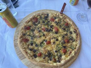 Greek pizza (with vegan cheese, without feta and mozzarella)  at Panos in Zakynthos