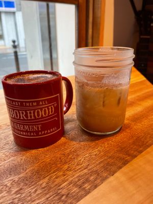 Hot MACADACCINO on left and cold one on right at The Nuts Exchange in Tokyo