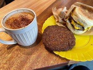 Ecc muffing, cocoa cookie, macadamia milk latte  at The Nuts Exchange in Tokyo