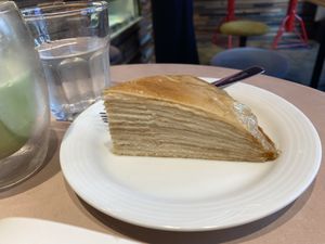 Crepe cake and matcha latte  at The Nuts Exchange in Tokyo