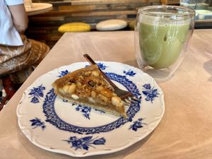 Caramel nut tart with iced matcha latte at The Nuts Exchange in Tokyo