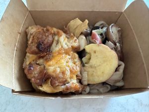 Some kind of lasagna roll and other salads from the deli case.   Delicious!  at The Nuts Exchange in Tokyo